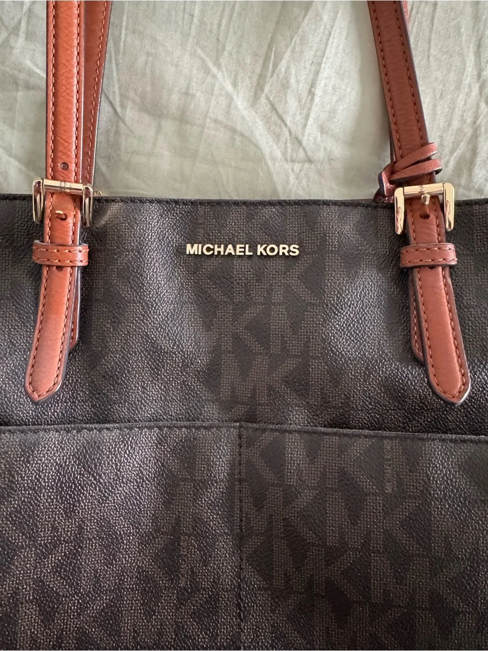 Michael Kors Brown Signature MK Tote with Tan Leather Straps